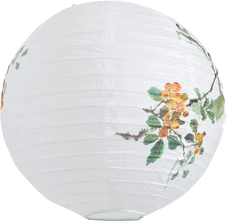 Set of 4, Asian Oriental Style Round White Hanging Paper Lanterns with Artistic Sparrow and Floral Pattern Design-MyGift