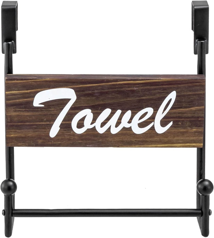 Industrial Matte Black Metal Over Cabinet Door Hand Towel Bar Holder with Burnt Wood Cursive "Towel" Sign-MyGift