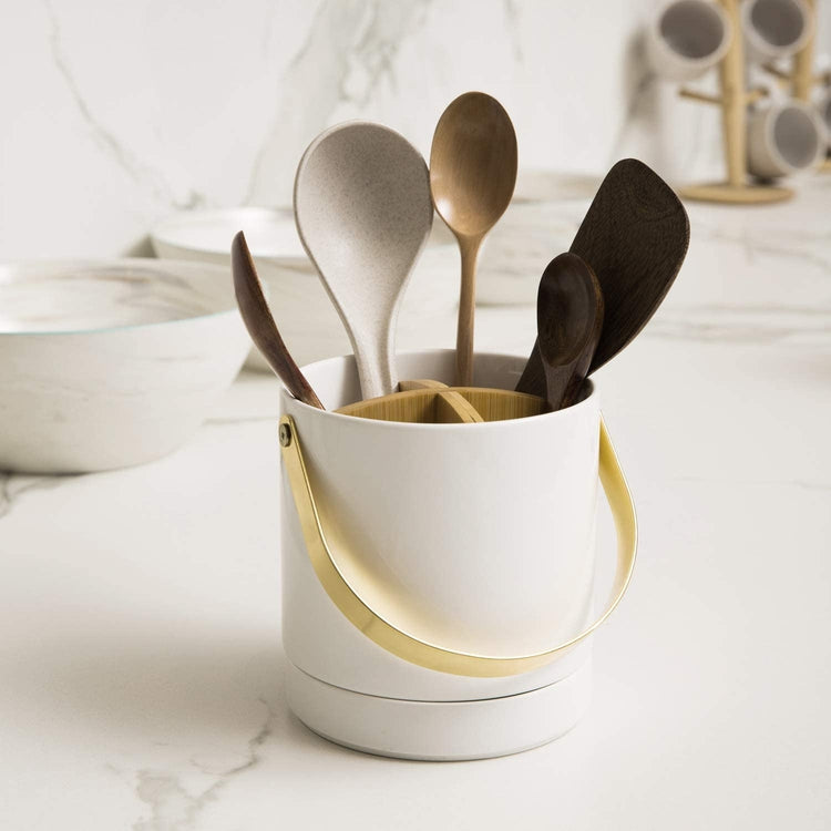 4 Compartment Modern White Ceramic Dining Utensil Caddy with Brass Carrying Handle-MyGift