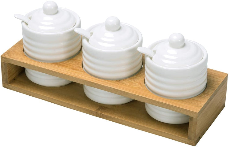 Set of 3 Modern White Ribbed Ceramic Condiment Spice Storage Jars with Lids, Spoons and Natural Bamboo Tray-MyGift