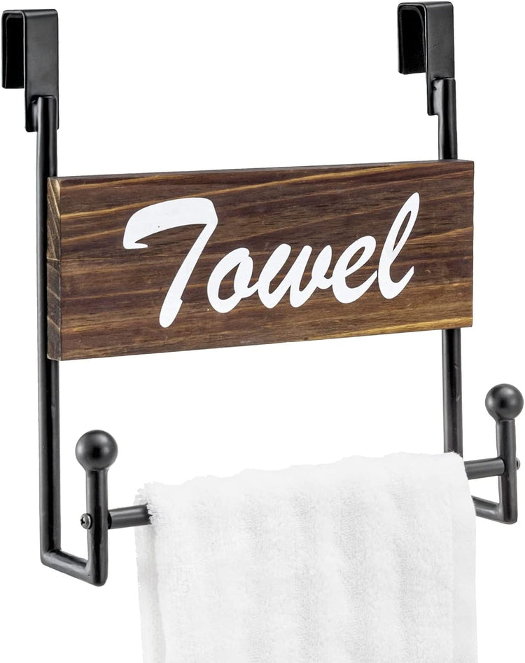 Industrial Matte Black Metal Over Cabinet Door Hand Towel Bar Holder with Burnt Wood Cursive "Towel" Sign-MyGift