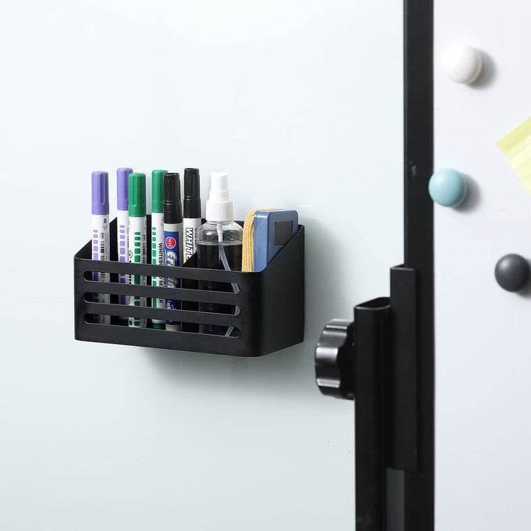Black Metal Whiteboard Marker Holder with Slatted Front Design, Wall Mounted or Tabletop Supply Storage Bin, Pencil Cup-MyGift