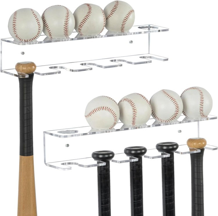 Clear Acrylic Hanging Baseball Bat and Ball Racks, Wall Mounted Sports Display Floating Shelf, Set of 2-MyGift