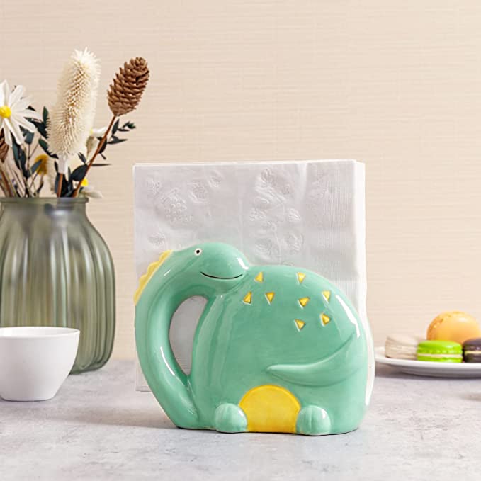 Decorative Paper Napkin Holder, Cute Cartoon Brontosaurus Dinosaur Green Ceramic Napkin Holder-MyGift