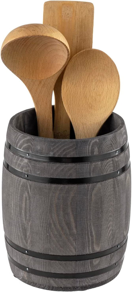 Dark Gray Wine Barrel Design Kitchen Utensil Crock, Wooden Cooking Tool Holder-MyGift