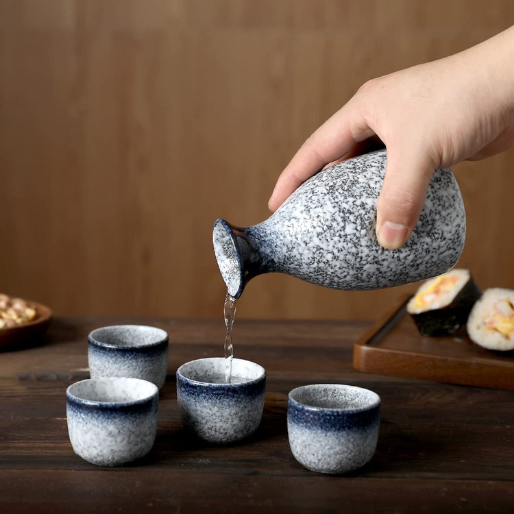 5 Piece Sake Drinking Glass Set, Blue and White Speckled Ceramic Japanese Sake Set, Serving Carafe and 4 Shot Glasses-MyGift