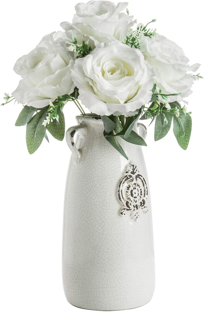 Farmhouse Style Antique White Ceramic Vase with Handle-MyGift