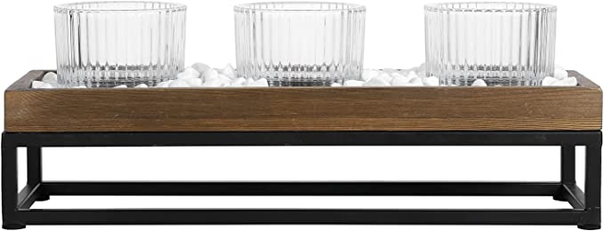 Burnt Wood & Black Metal Tabletop Candle Holder Set Includes Ribbed Clear Tealight Cups & White Stone Filler-MyGift