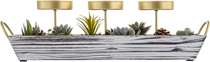 3-Pillar Candle Holder Centerpiece, Tabletop Candleholder with Artificial Succulent Plants-MyGift