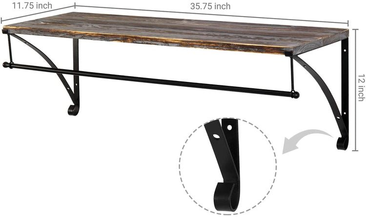 Wall Mounted Rustic Torched Wood Floating Shelf with Black Metal Garment Rack-MyGift