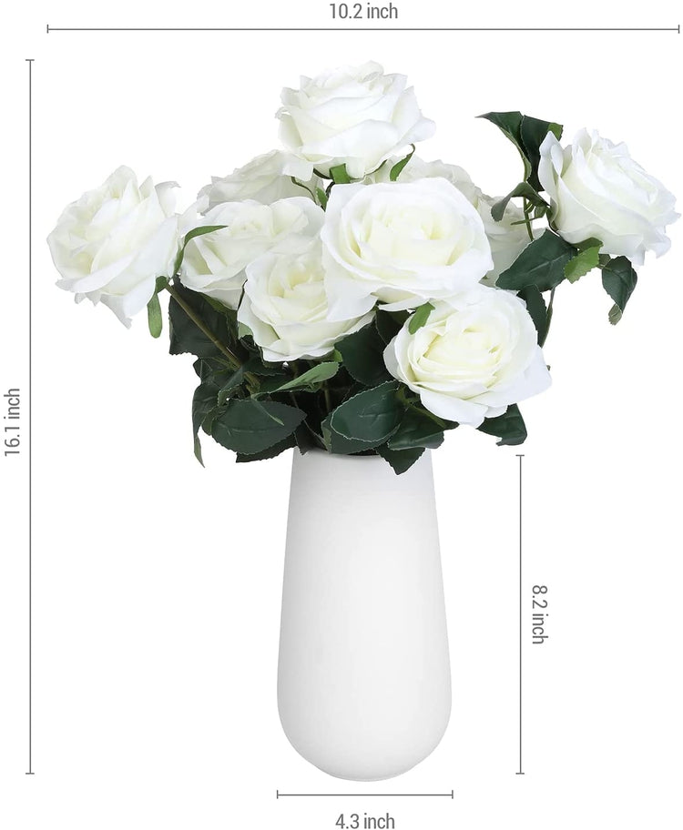 Artificial White Rose Bouquet Arrangement with Vase, Centerpiece Faux Flowers with Matte Ceramic Vase-MyGift