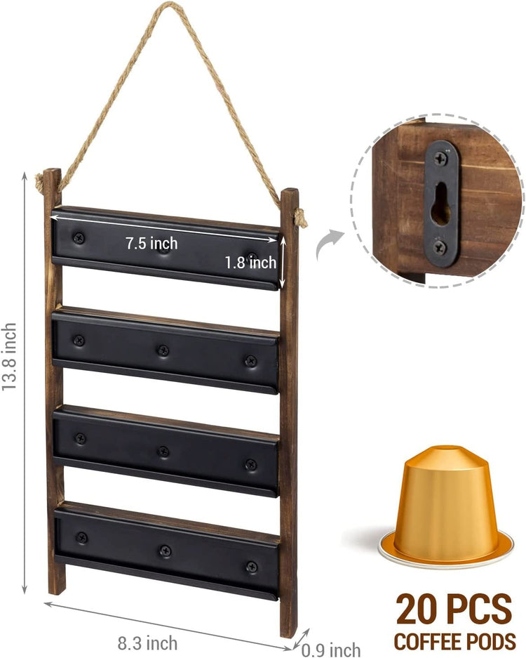 Wall Hanging Burnt Wood Coffee Pod Capsule Holder Rack with Tiered Black Metal Rung Sliding Storage and Rope Accent-MyGift