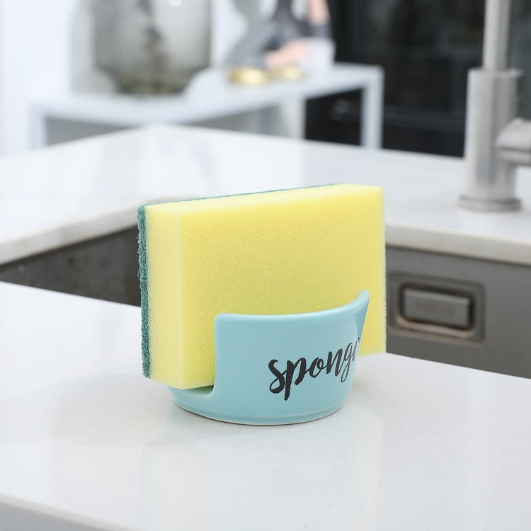 Aqua Blue Ceramic Sponge Holder, Kitchen Sink Countertop Sponge Dish with Cursive Print-MyGift