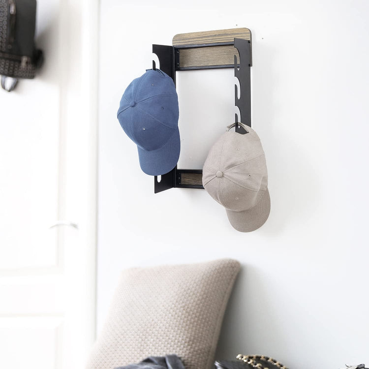 Weathered Gray Wood and Matte Black Metal Wall Mounted Hat, Garment Storage Hanger Rack-MyGift