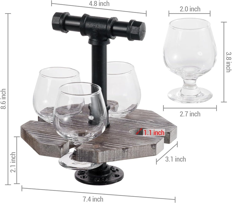 Torched Wood Beer Flight Set, Whiskey Serving Tray with Black Metal Pipe Handle and 4 Small Snifter Tasting Glasses-MyGift