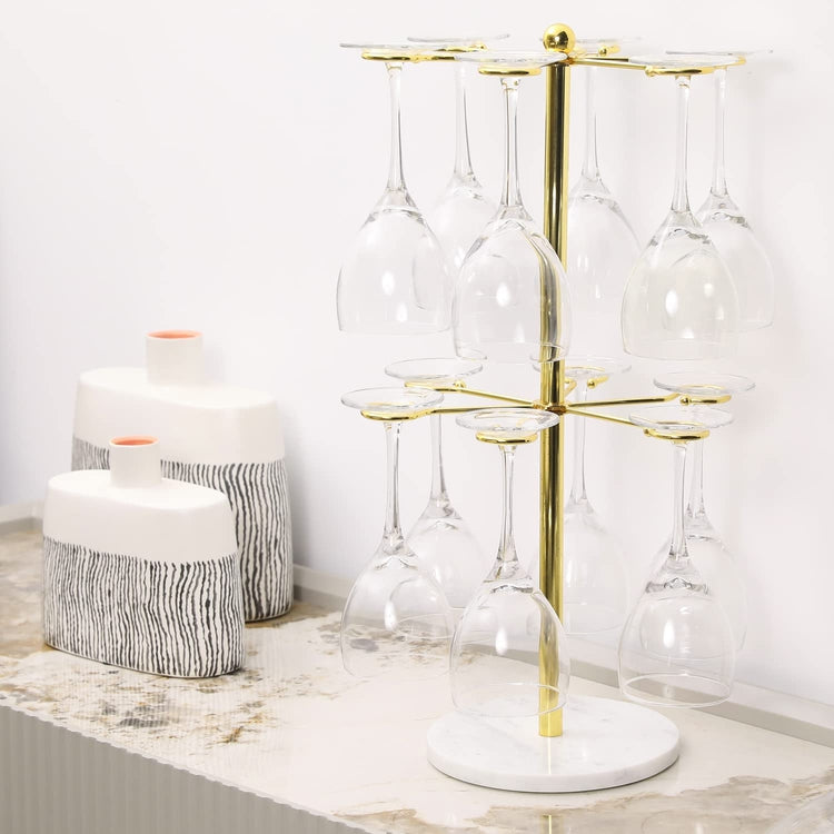 2 Tier Tabletop Wine Glass Hanger Holder, White Marble and Brass Plated Wire Stemware Display Rack-MyGift