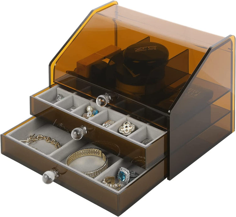 Amber Acrylic Jewelry Box with 2 Velvet Lined Jewelry Drawers, Display Case for Earrings, Rings, Necklaces, Bracelets-MyGift