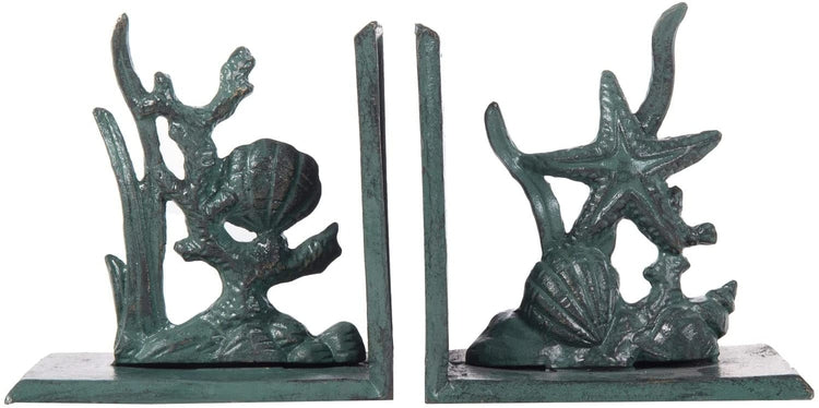 Coral Reef Bookends, Decorative Vintage Blue Cast Iron Ocean Under the Sea Design Book Holder-MyGift