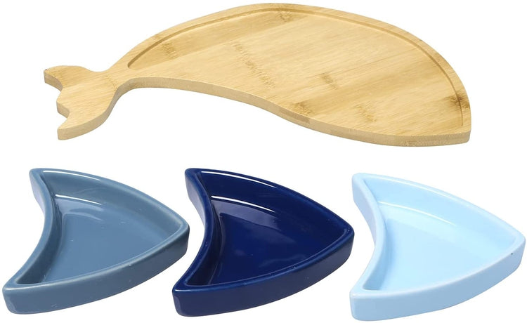 4-Piece Serving Platter Set with 3 Removable Ceramic Blue Toned Curved Triangular Bowls and Fish Shaped Bamboo Tray-MyGift
