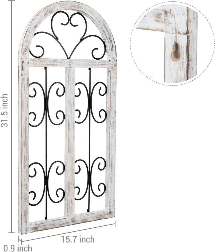 White Wood and Black Metal Scrollwork Arched Window Frame Wall Decoration, Hanging Distressed Wooden Panel-MyGift