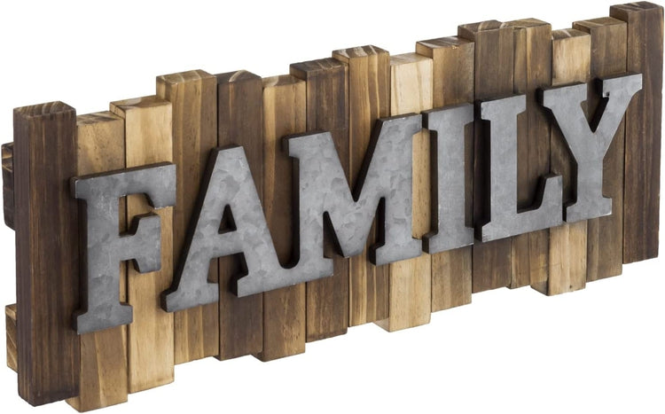 FAMILY Wall Mounted Sign, Wood and Galvanized Metal Embossed Raised Letters, Striped Plaque Art-MyGift