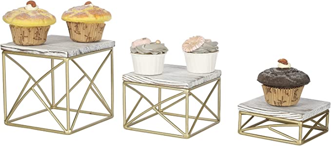 Rustic Whitewashed Wood Top and Geometric Brass Metal Wire Base Cupcake Stand, Dessert Display Risers, Set of 3-MyGift