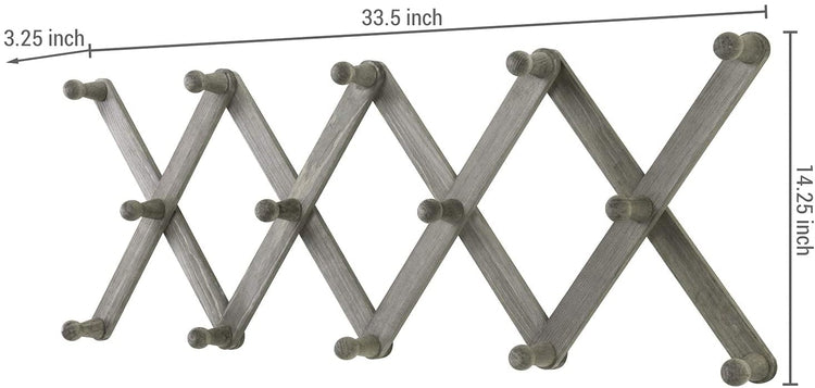 14 Hook Vintage Gray Wood Wall Mounted Expandable Coat Rack, Accordion Peg Hanger-MyGift