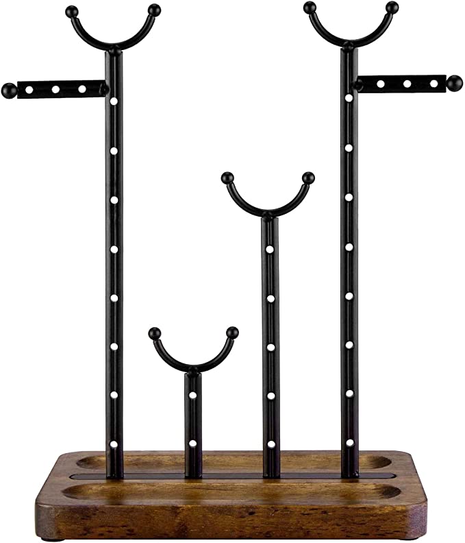 Dark Brown Coffee Tone Jewelry Organizer Stand, Metal Necklace Hanger and Earring Storage with Wooden Ring Tray Base-MyGift