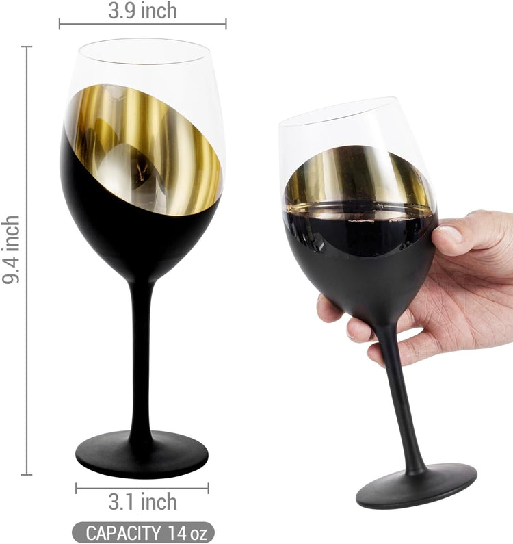 Matte Black and Gold Stemmed Wine Glasses, Elegant Angled Design Wine Glasses, Set of 6-MyGift