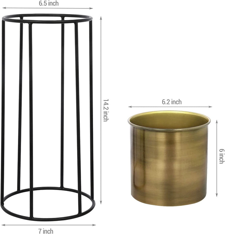 6 inch Modern Brass Tone Metal Flower Planter Pot with Industrial Black Metal Wire Display Stand-MyGift