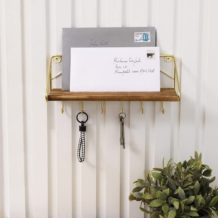 Brass Metal and Burnt Wood Entryway Key Holder Rack with 6 Hooks and Floating Display Shelf-MyGift