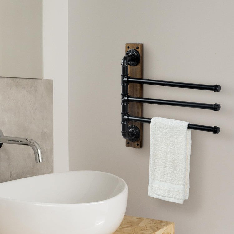 3 Tier Wall Mounted Brown Wood and Black Metal Bathroom Towel Rack, Towel Holder-MyGift