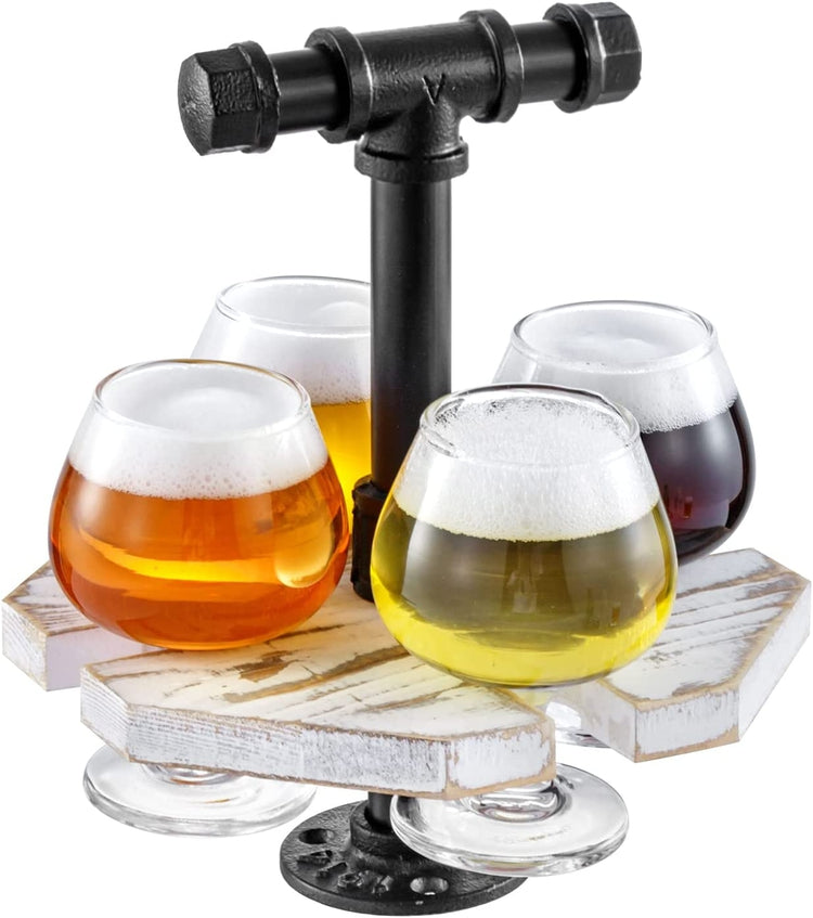 Industrial Pipe and Vintage Weathered Gray Wood Beer, Whiskey Flight Set with 4 Glasses-MyGift