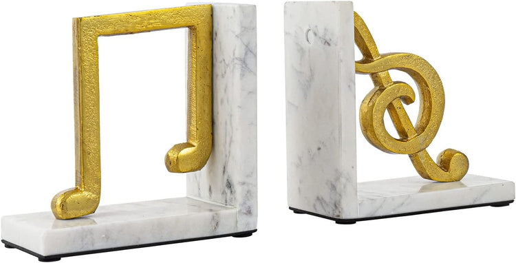 Tabletop Bookends, White Marble L-Shaped Desktop Book Holders with Brass Tone Aluminum Sculpted Musical Notes-MyGift