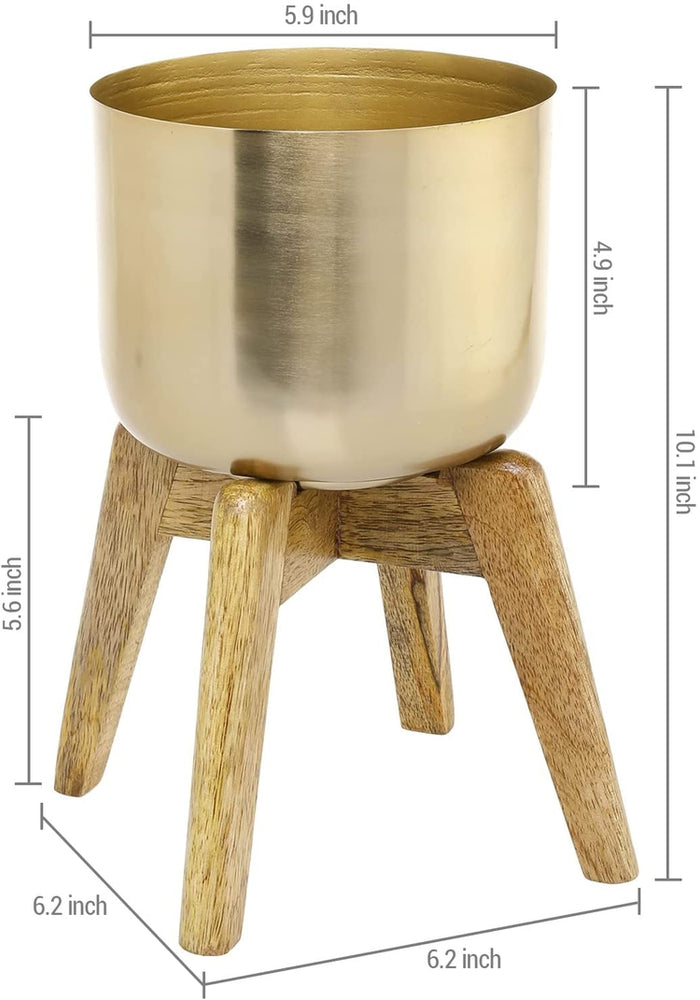 Small Plant Pot, Decorative Brushed Brass Metal Pot with Solid Mango Wood Planter Stand-MyGift