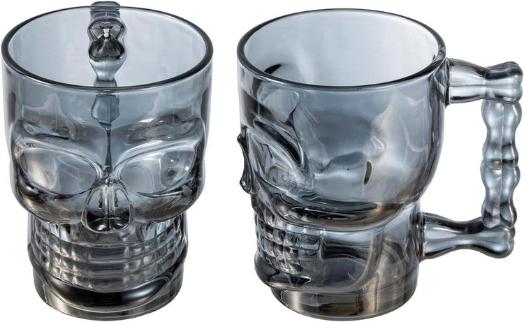 Translucent Smokey Glass Skull Beer Mugs, Halloween Drinking Glasses with Bone Handle, Set of 2-MyGift