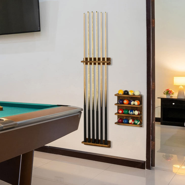 Wall Mounted Dark Brown Wood Pool Cue Stick Holder Rack for 6 Cues with Billiard Ball Storage Shelf, 3-Piece Set-MyGift