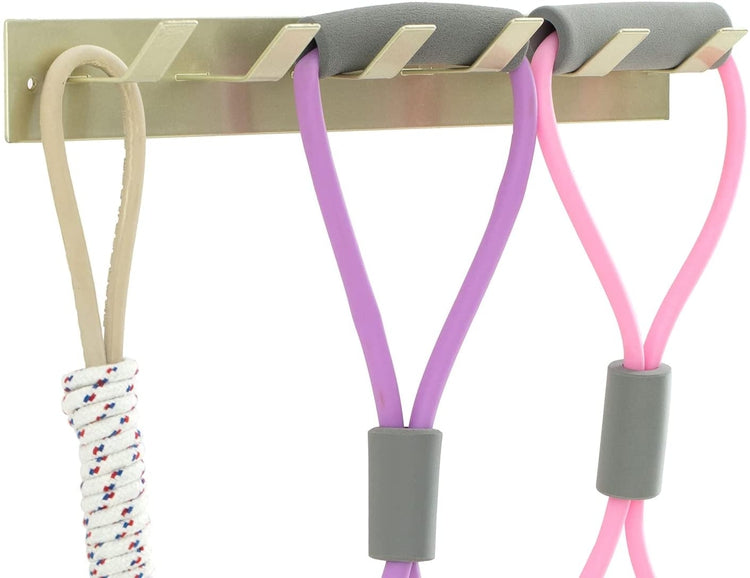 Wall Mounted Brass Metal Gym Equipment Rack with 6 Hooks, Organizer for Resistance Bands, Jump Ropes, and Weight Belts-MyGift