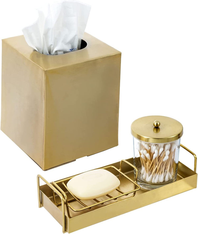 4 Pc Bathroom Accessories Set, Brass Tone Vanity Combo with Tissue Box Cover, Soap Dish, Clear Glass Jar, Vanity Tray-MyGift