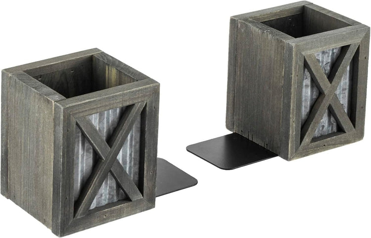 Gray Wood and Corrugated Galvanized Metal Bookends, Desktop Book Ends with Pen Holder Pencil Cup Stationery Storage Bins-MyGift