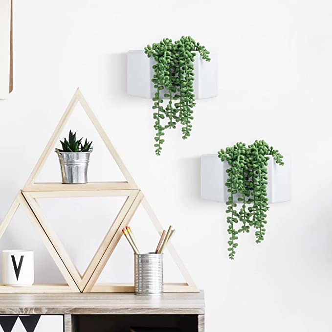 Set of 2 Wall Mounted Geometric White Glazed Ceramic Plant Pots with Fake String of Pearls-MyGift