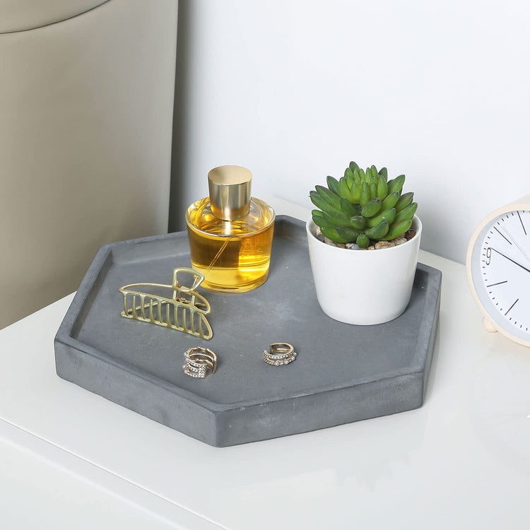 Hexagonal Dark Gray Concrete Bathroom or Bedroom Vanity Tray, Decorative Countertop Jewelry Perfume Dish Tray-MyGift