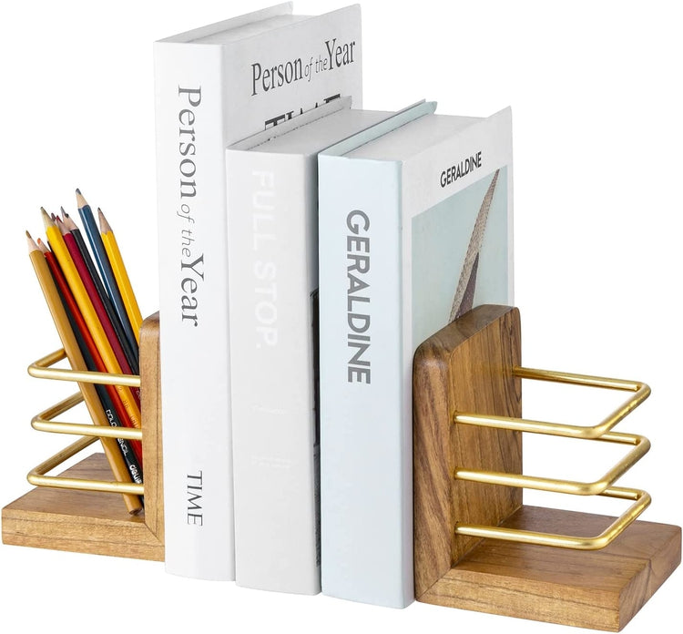 Handcrafted Acacia Wood Bookend Set with Brass Tone Metal Wire Holder Slot Storage for Pens, Pencils, Office Stationery-MyGift
