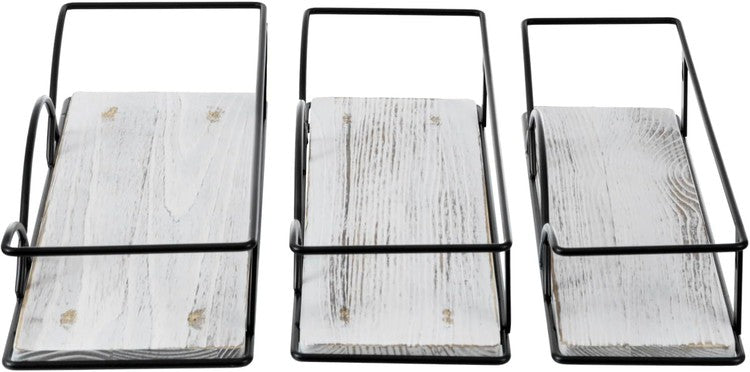 Wall Mounted Black Metal Wire and Shabby White Washed Wood Kitchen Spice Racks, 3 Piece Set-MyGift