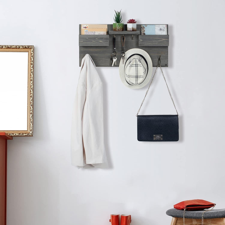 Gray Wood Wall Mounted Entryway Organizer Rack with Antique Coat Hangers, Key Hooks, Display Shelf and Mail Sorter Bins-MyGift