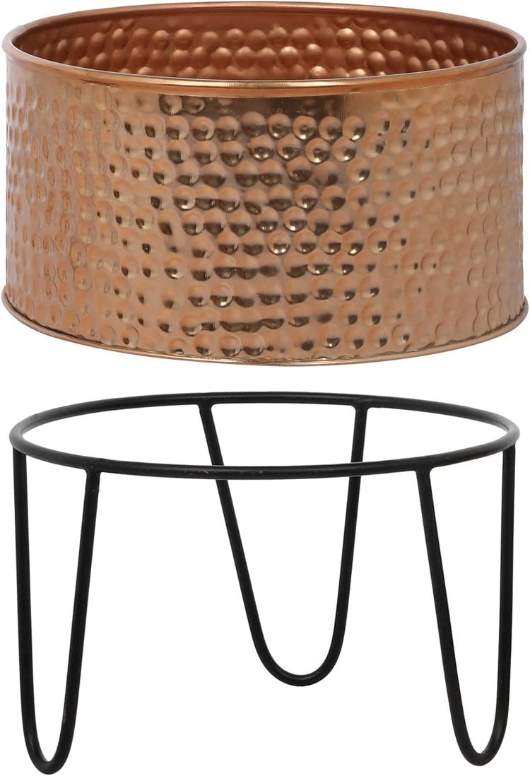 Set of 2, Hammered Style Copper Tone Galvanized Metal Planter Pots with Matte Black Metal Wire Stand-MyGift