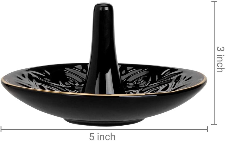Decorative Raised Heart Design Black Ceramic Ring Dish Jewelry Tray, Dresser Top Trinket Holder-MyGift