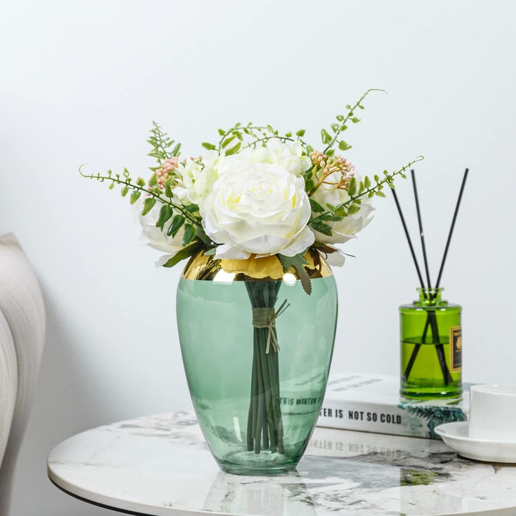 White Rose Artificial Flowers with Green Clear Glass Vase with Brass Accent, Fake Flowers for Decorations-MyGift