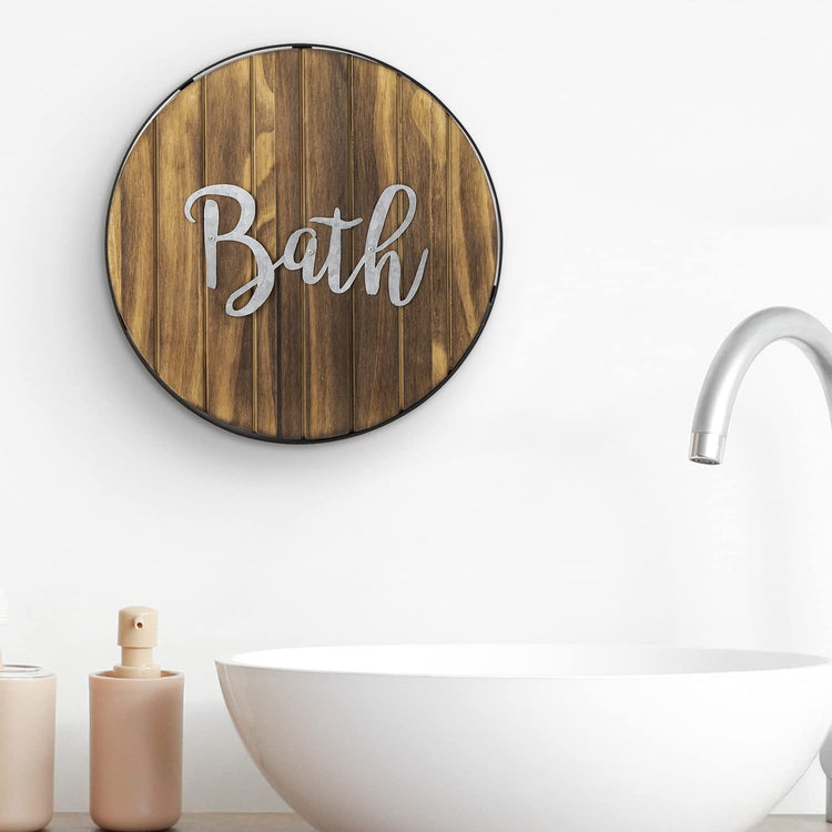 Round Hanging Bath Sign, Farmhouse Wood and Galvanized Cursive Lettering Mounted Bathroom Wall Décor-MyGift