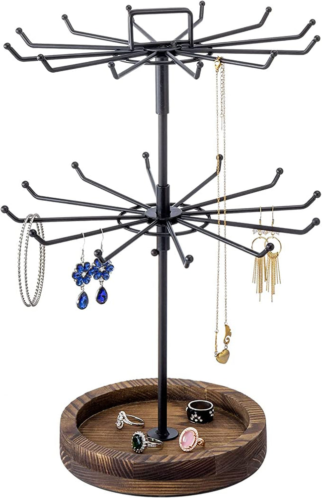 Black Metal & Burnt Wood Base Rotating 2 Tier Jewelry Tree Organizer with 24 Hooks & Top Handle Card Holder-MyGift